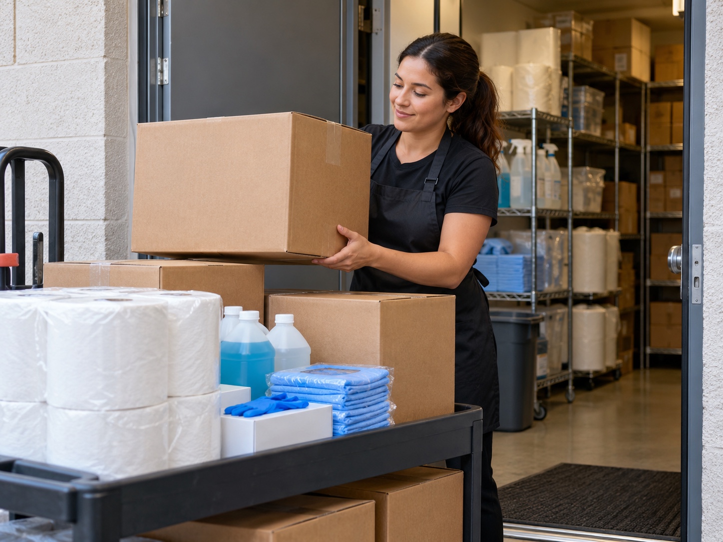 Business operator receiving commercial supply boxes